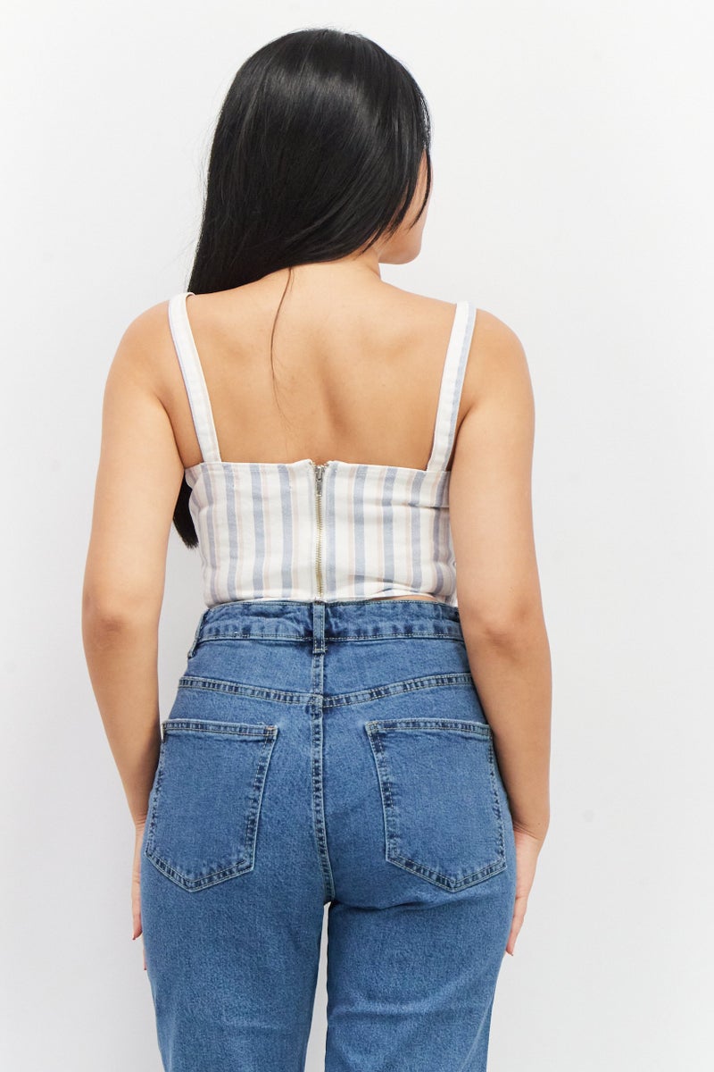 Missguided Women Tie Neck Sleeveless Stripped Crop Top, Off White - Image 4